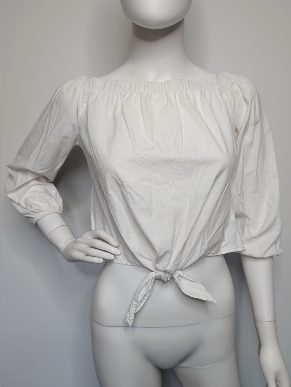 Y2K White Off Shoulder Half Sleeve Tie Front Cropped Peasant Top Blouse Romantic